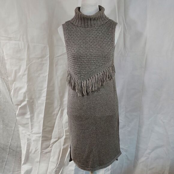 Anthro Nomad Morgan Carper Gray Fringe Sleeveless Side Slit Tunic Sweater Dress - Picture 4 of 14